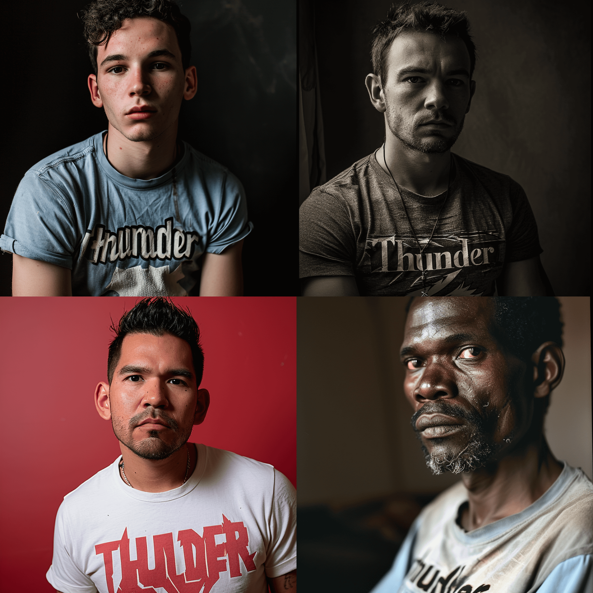 プロンプトは「Realistic photo of a man wearing a T-shirt with "Thunder" written across his chest.（胸に「Thunder」と書かれたTシャツを着た男のリアルな写真）」。うは！　リアルなうえに文字もだいたい正しい。でもまだスペルミスをすることも少なくない。