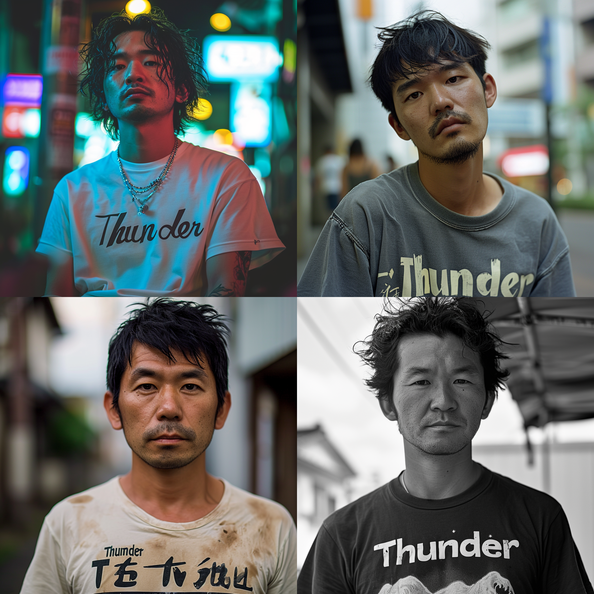 日本語は出せるのか？　プロンプトを「Realistic photo of a man wearing a T-shirt with "Thunder" written in Japanese on his chest.（胸に日本語で「雷」と書かれたTシャツを着た男性のリアルな写真）」にしてみると……。日本語は（まだ？）ダメのようだ。でも、もしかして、「Tシャツ」「Thunder」でちょっと荒くれた雰囲気に統一してくれてるの？