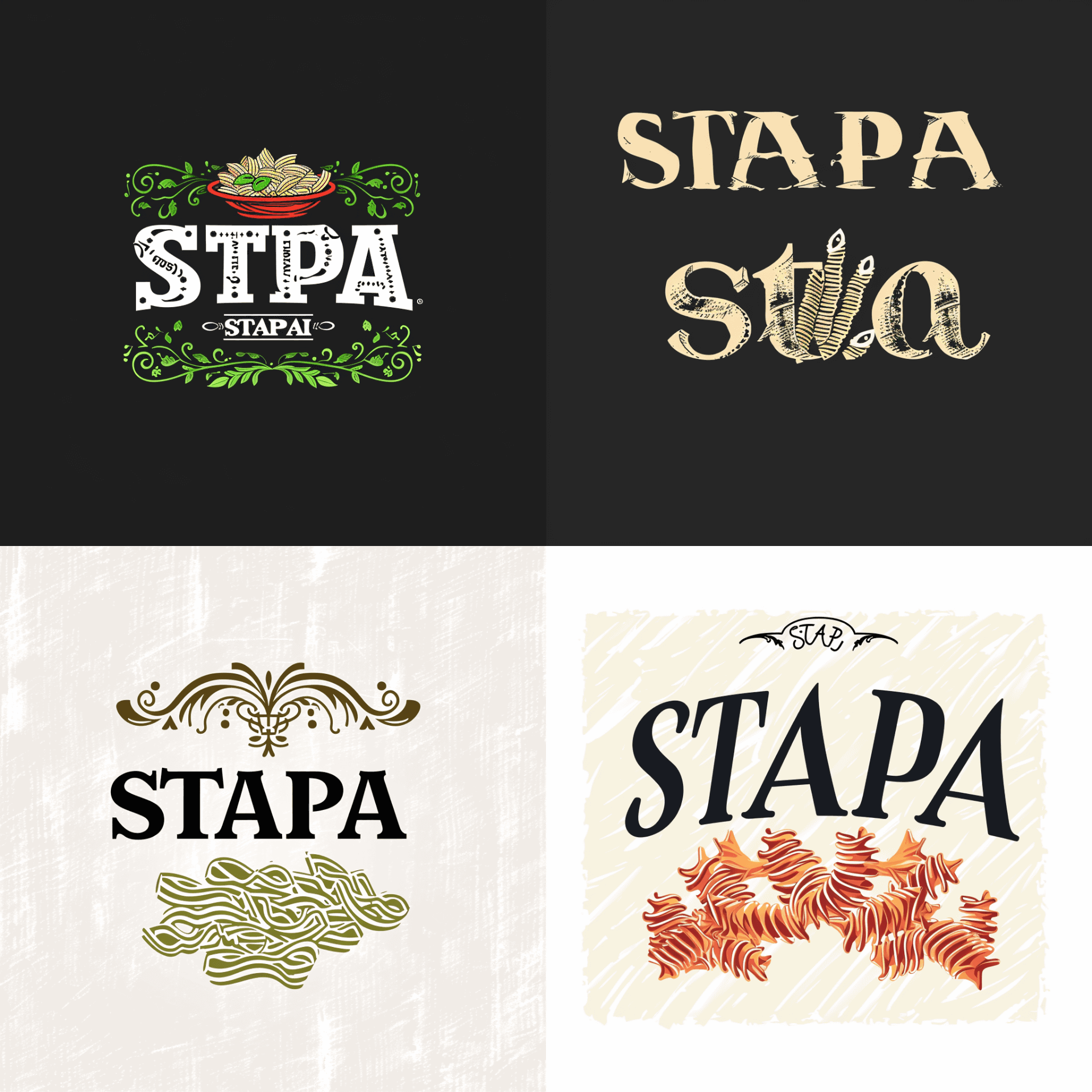 プロンプトは「Logo design for an Italian restaurant. The symbol mark features a pasta. The word "STAPA" is written on the symbol mark.（イタリアンレストランのロゴデザイン。パスタをモチーフにしたシンボルマーク。「STAPA」の文字が入っている）」。一部スペルミスがあったりするが、AI生成物を素材に……と考えると、デザインの現場がザワついているように思う。