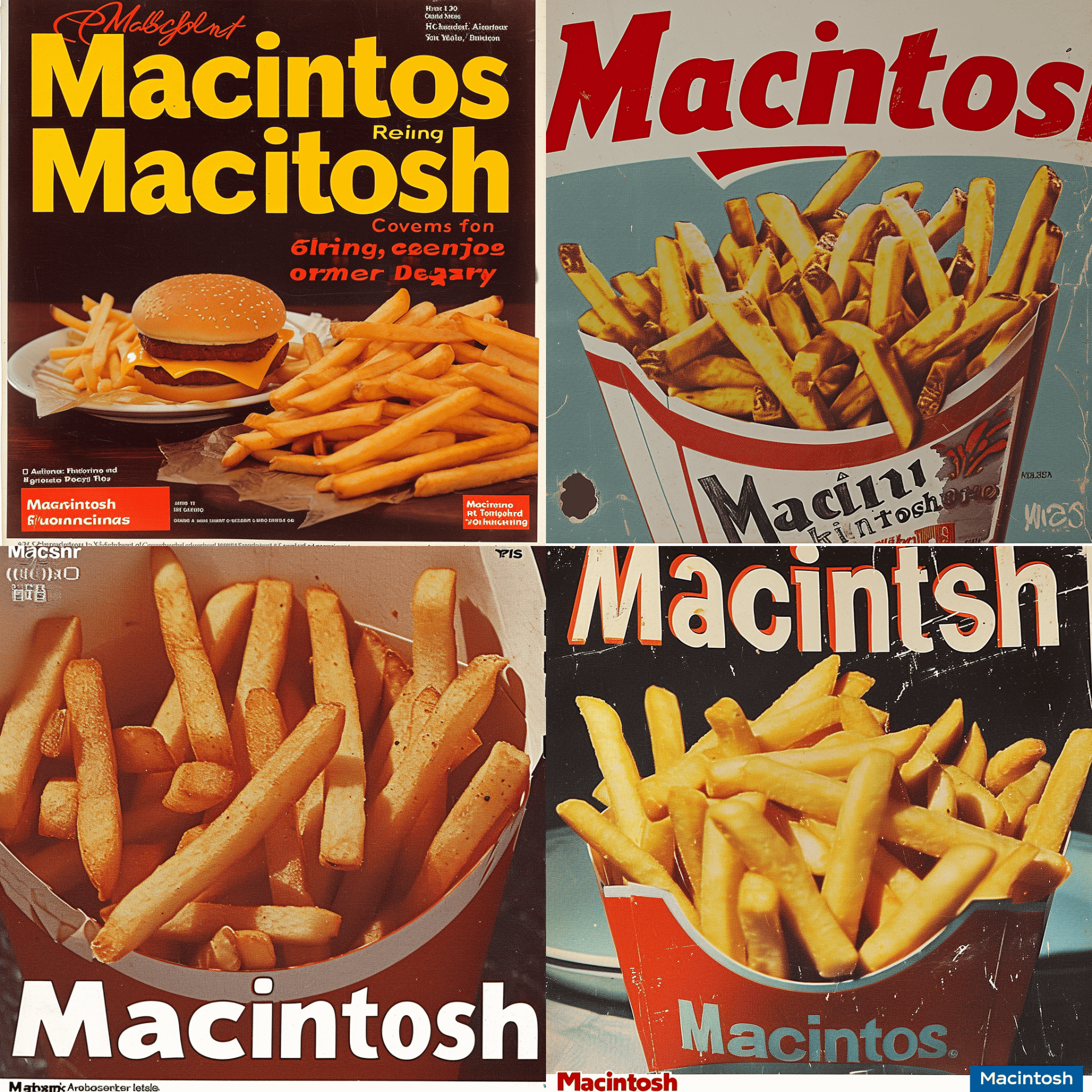 プロンプトを「Poster for advertising french fries. The poster says "Macintosh" in large letters.（フライドポテトの宣伝用ポスター。ポスターには大きく「マッキントッシュ」と書かれている）」とした。左下のは、フライドポテトが非常にリアルでテキストも正しい！　お見事〜！