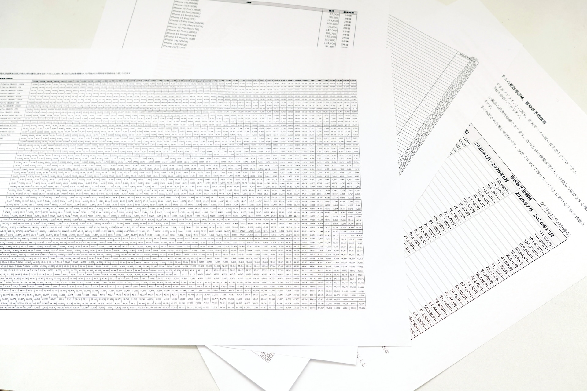 キャリア4社は、販売中の端末の「買取等予想価格」を公表した。写真は左からドコモ、ソフトバンク、KDDI、楽天モバイル