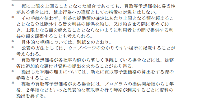 ガイドラインの注には、仮に実際の買い取り価格が予想より低くなってしまったとしても、合理的な予想であれば違反にならない旨が記載されている