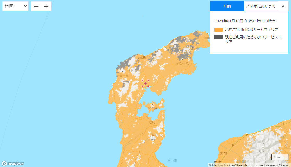 ソフトバンクの復旧エリアマップ（10日17時ごろのもの）