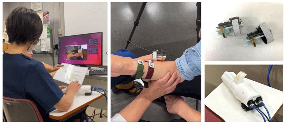 実験の様子（左：受信側、中央：送信側、右上：センサーデバイス、右下：触覚再現器）