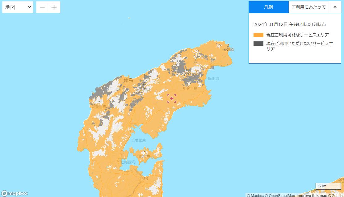 ソフトバンクの復旧エリアマップ（12日14時ごろのもの）