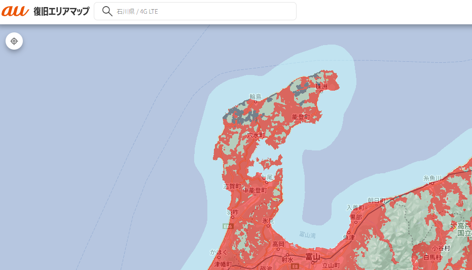 KDDI（au）の復旧エリアマップ（12日21時ごろのもの）