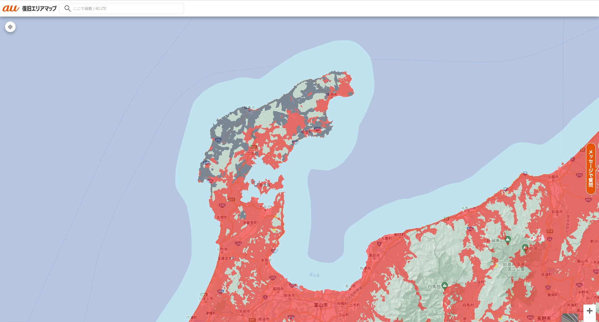 KDDI（au）の復旧エリアマップ（1日23時10分ごろのもの）