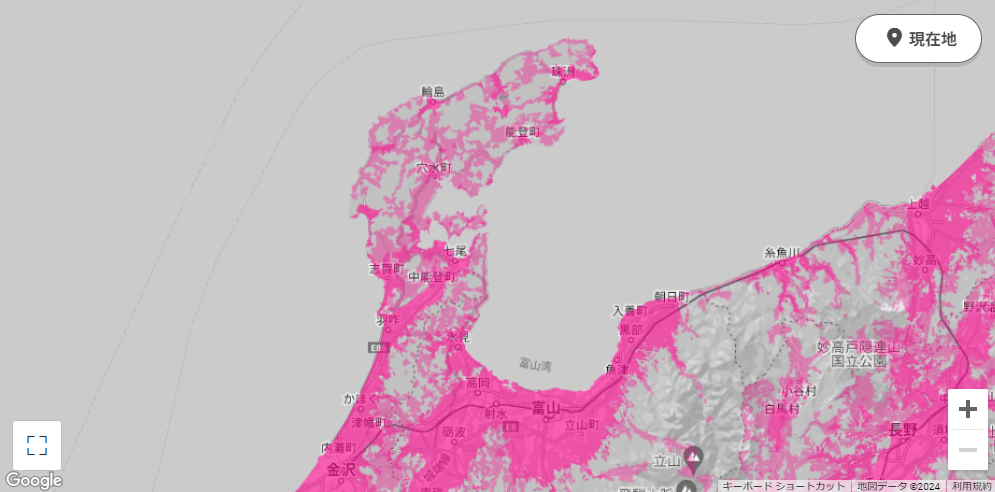 楽天モバイルの復旧エリアマップ（12日21時ごろのもの、通常時パートナー回線エリアの表示あり）