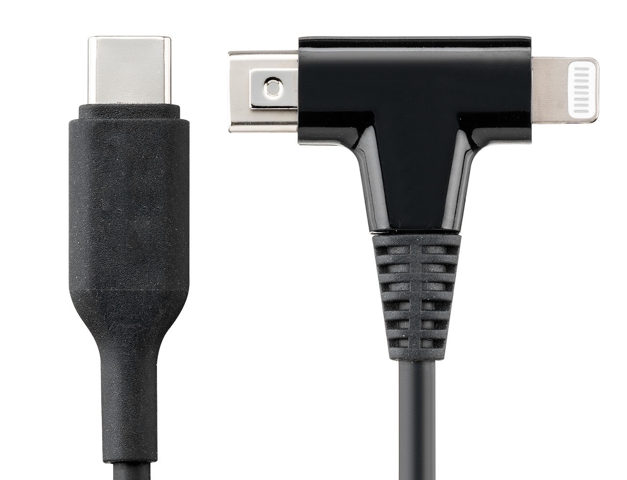 T型コネクターのLightningとUSB-Cを端末に同時挿しできないよう、機械的なストッパーを内蔵している。たとえばLightning端子に挿すと、USB-Cコネクター側にストッパーが出てきてこちらは物理的に使用不能になる（挿せなくなる）。