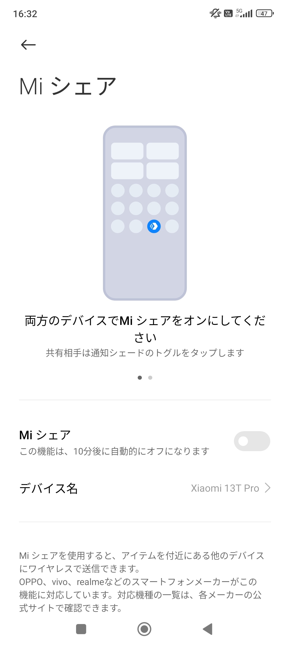 近くのシャオミ製端末と写真などをやり取りできる「Miシェア」は、OPPO製端末の「OPPO Share」とも接続が可能。AndroidプラットフォームやWindowsで利用できる「ニアバイシェア」にも対応