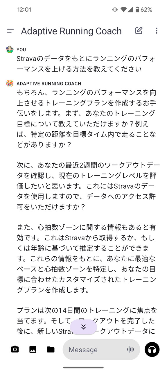 Stravaのデータからアドバイスしてくれるようにお願い