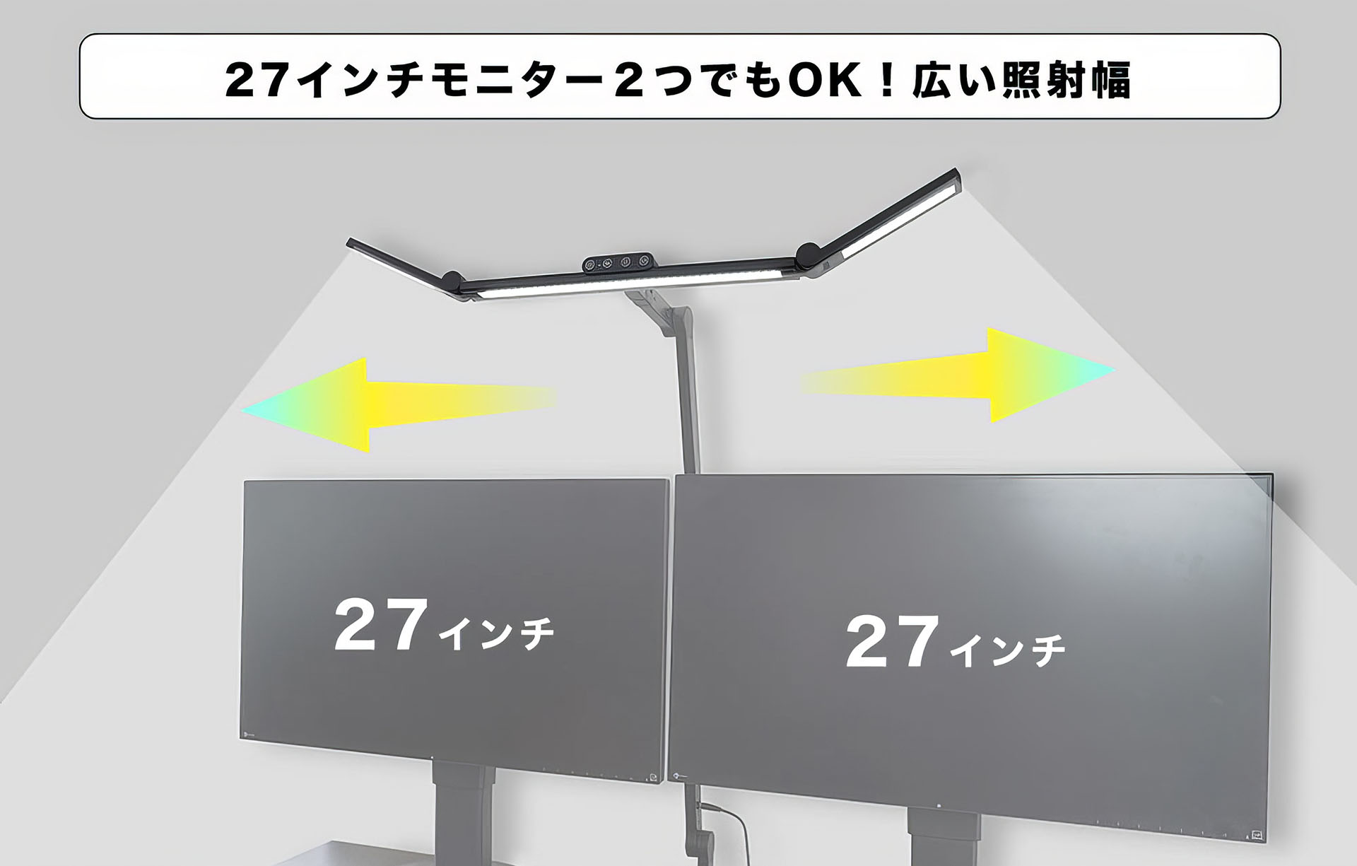 サイドライトをこのように向けると、27インチモニター×2台を横並びにしたデスクでも幅広く照らせるらしい。