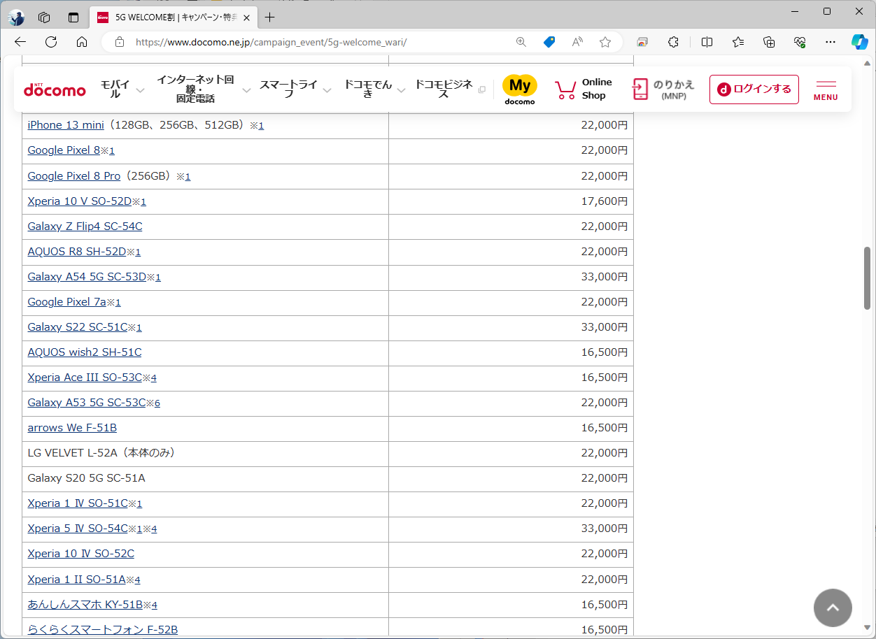 5G WELCOME割のリスト。一部のモデルは3万ポイントに上がっているが、これは旧ガイドラインでは不可能だった額だ