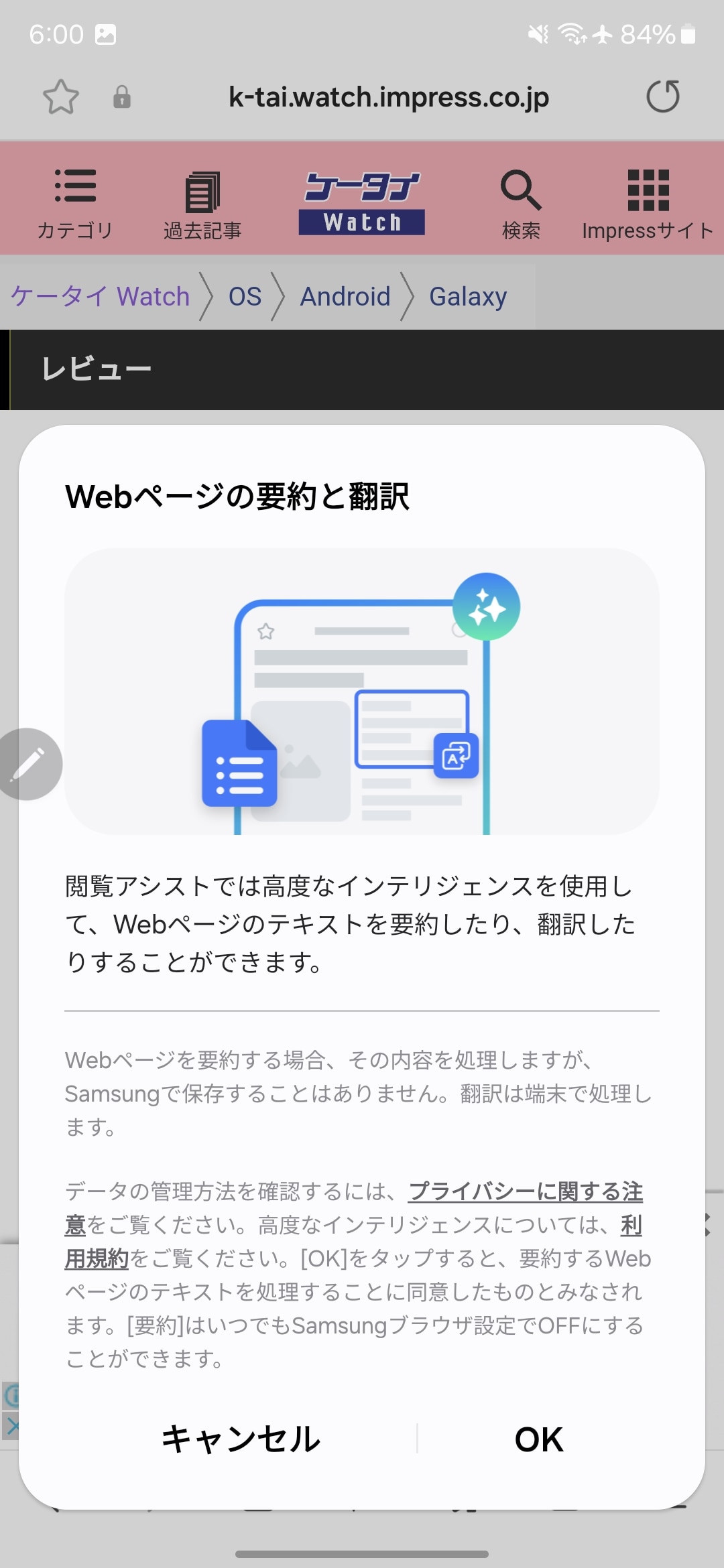 「Webページを要約する場合はその内容を処理するが、サムスン側で保存することはない。翻訳は端末で処理（オンデバイス処理）する」とある