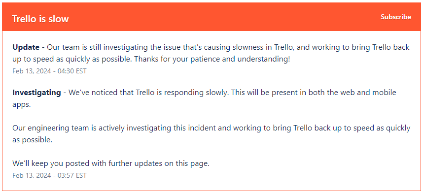 Trelloのステータスページより