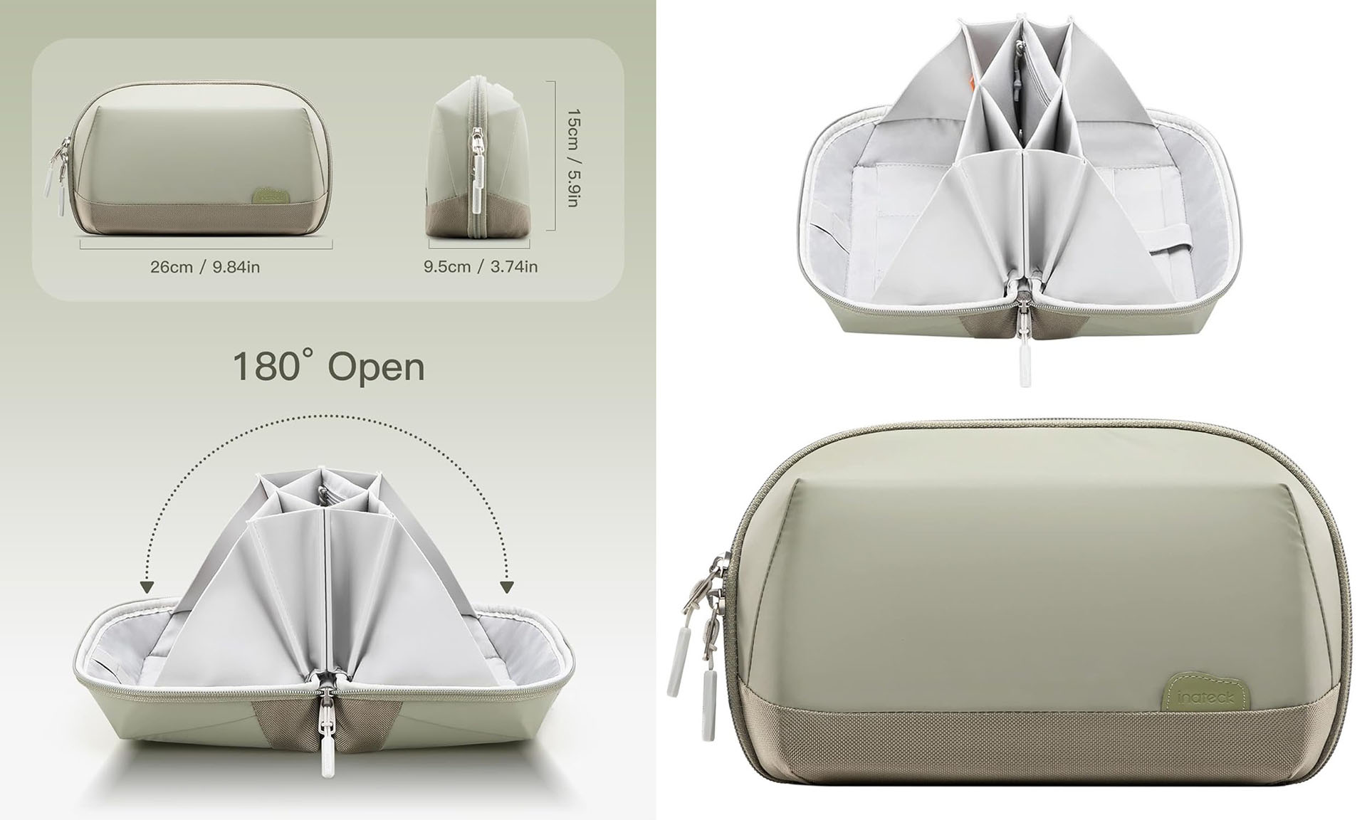 MediumサイズのInateckブランド・ガジェットポーチ。もちろん180°全開構造。サイズは幅26×高さ15×厚さ9.5cm。※画像はAmazonの製品ページより抜粋。