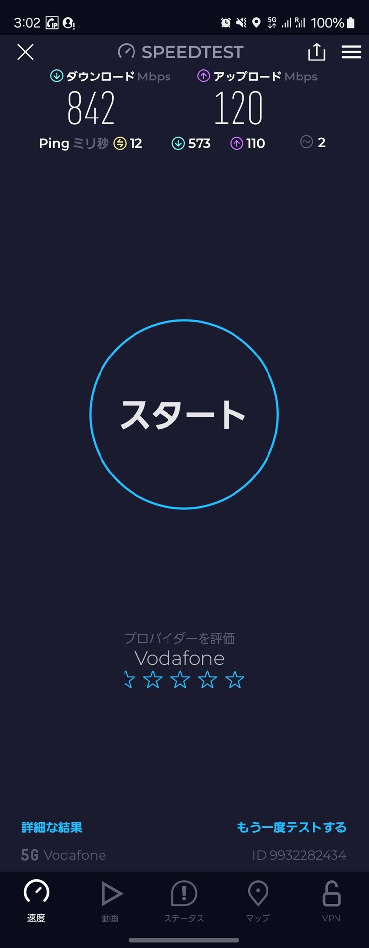 5Gのエリアもそこそこ広く、つながると速度が出やすい。筆者の滞在するアパートでは、800Mbpsを記録した