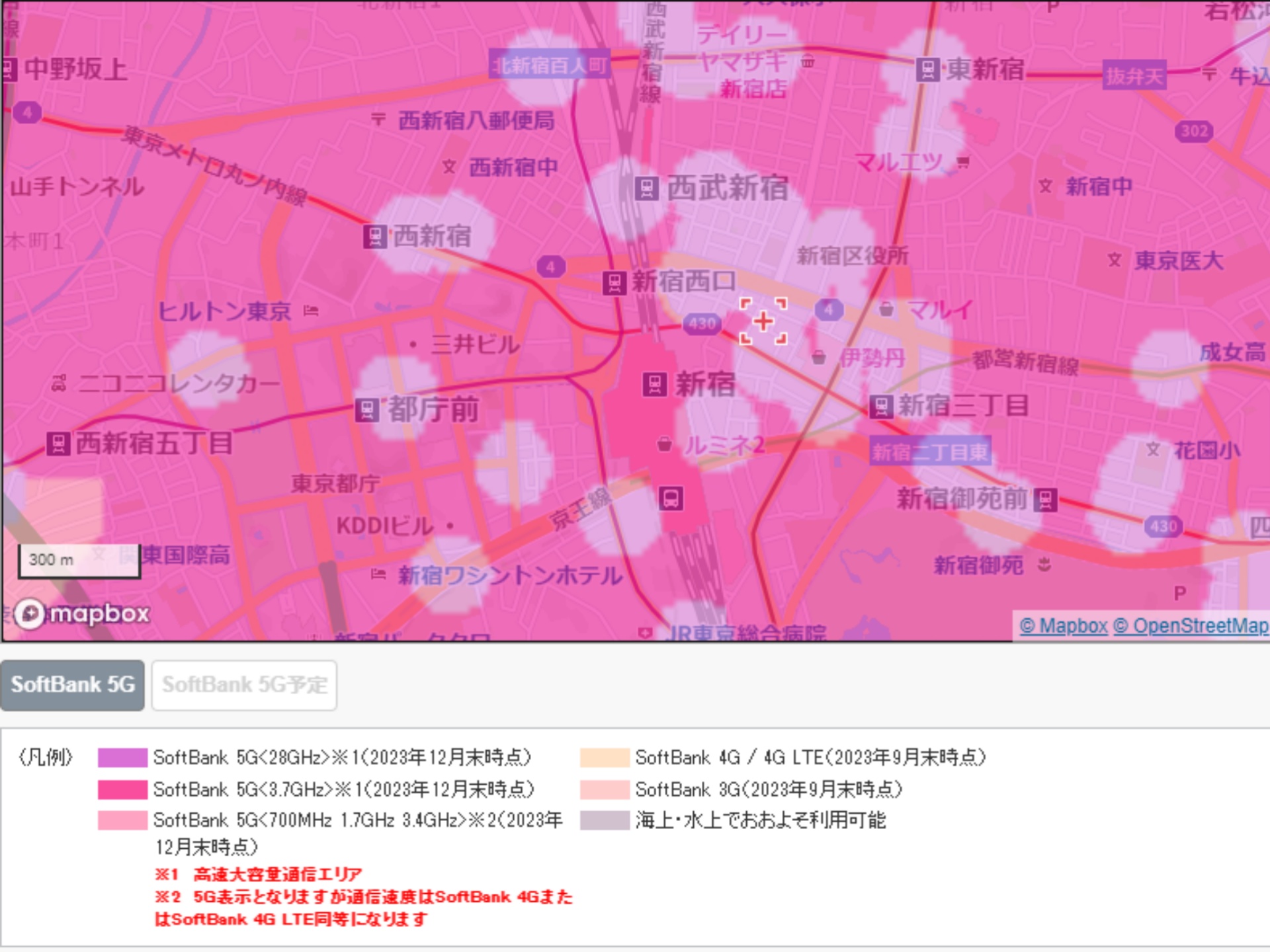 ソフトバンクによる新宿付近のサービスマップ