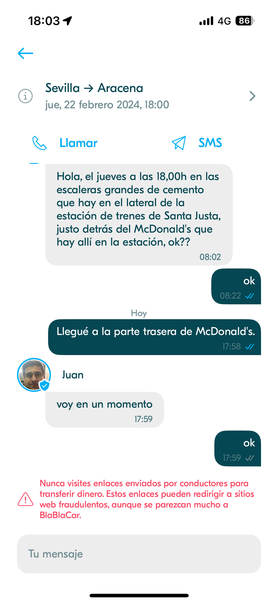 往路のドライバーからは、待ち合わせ場所について詳しいメッセージが事前に来ていました