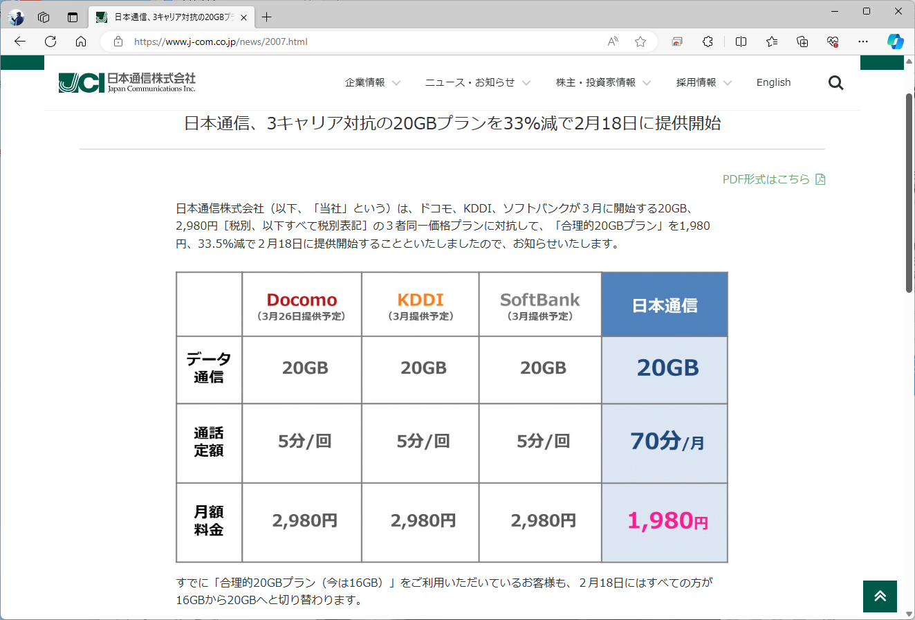 日本通信が2021年2月に出したプレスリリース。ahamoなどに対抗し、1カ月70分の無料通話をセットしていた。なお、他キャリアの料金も現在は変わっている