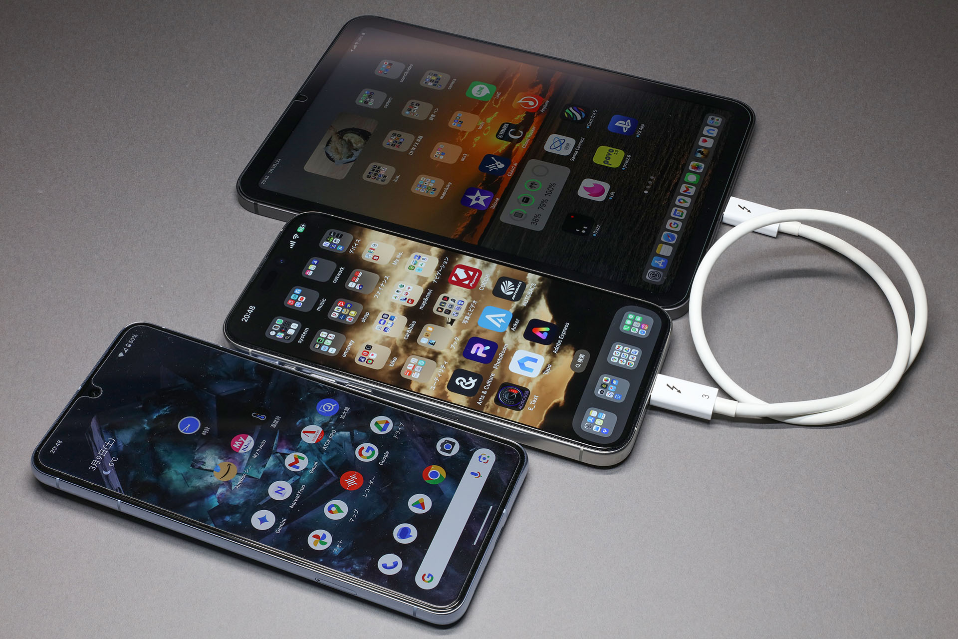 iPad mini 6とiPhone 15 Pro MaxをUSB接続。iPhone 15 Pro Maxが充電された。iPad mini 6とGoogle Pixel 8 ProをUSB接続すると、Google Pixel 8 Proが充電された。