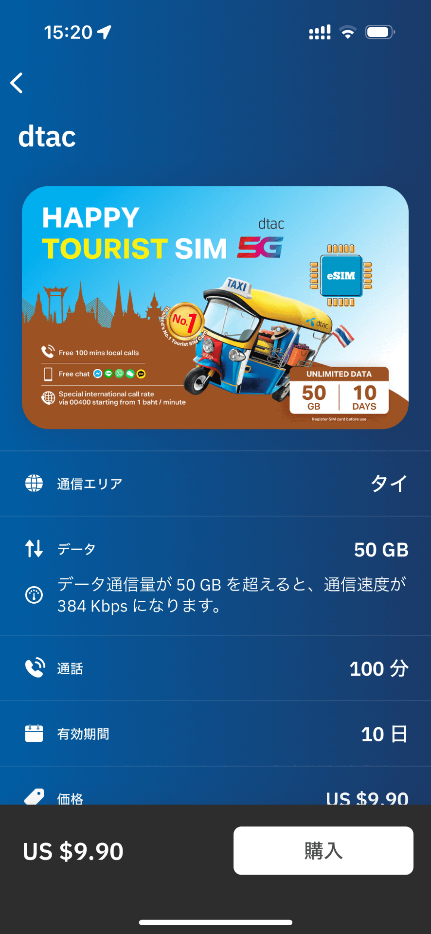 ▲「airalo」はタイ現地のお得なプランがいくつか用意されており、通信量50GBのプランは10日間利用できて1500円ほどだが、3泊4日の滞在ではオーバースペック気味でもある