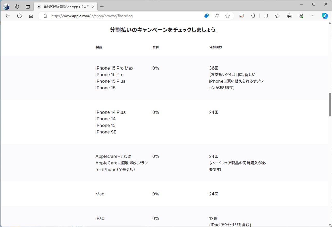 価格に応じて、分割回数を変えている。旧世代のモデルは価格が安いぶん、分割払いの回数も24回に減少