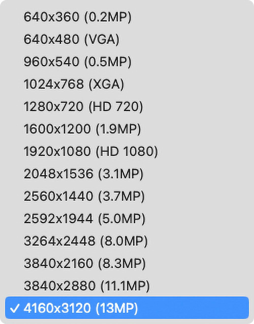 この書画カメラで使える解像度の一覧。