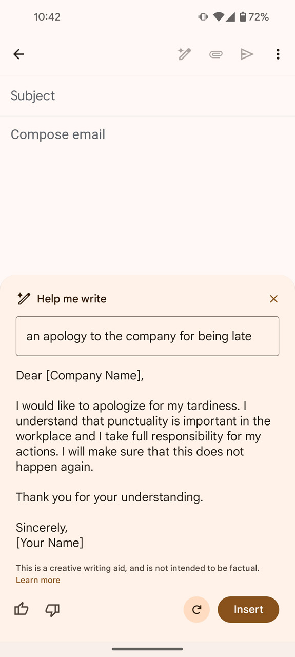 指示に沿ったメール文面を作成し、ワンタップで挿入できる