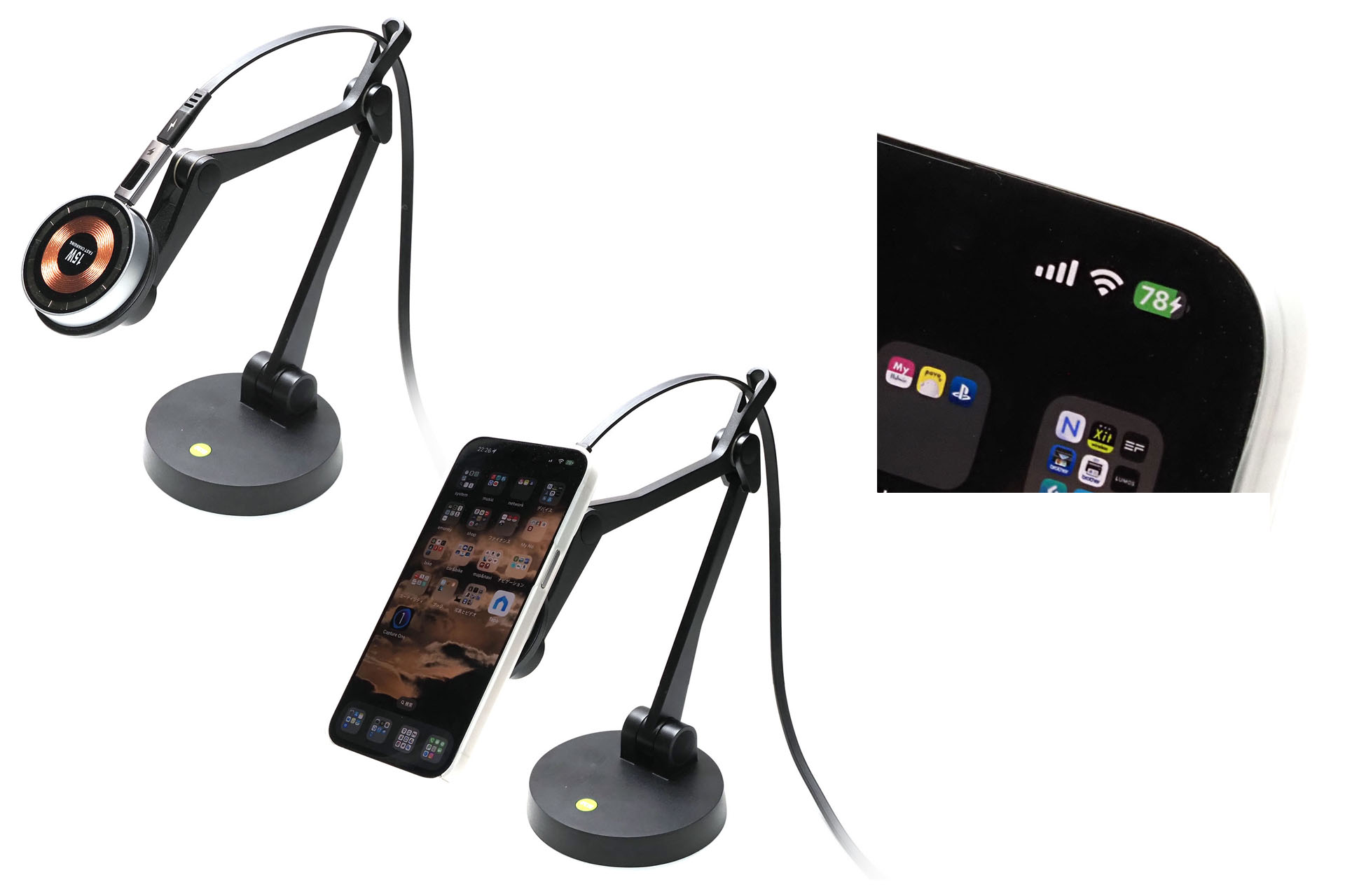 スチールリングを貼ったMagSafe充電器をMagSafe対応スタンドに吸着させ、そこにiPhoneを吸着。問題なく充電された！