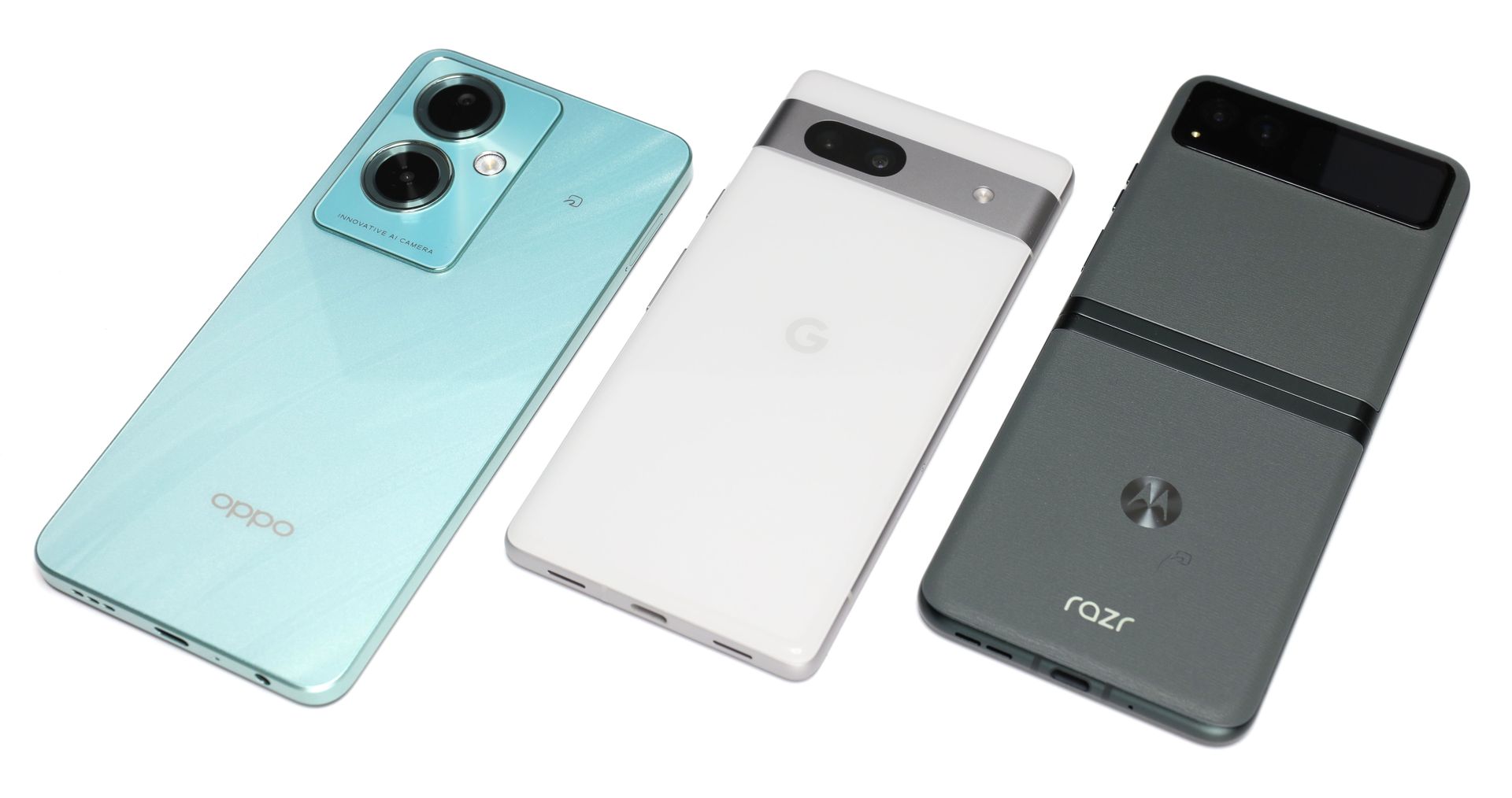 左から「OPPO A79 5G」「Google Pixel 7a（未使用品）」「motorola razr 40」