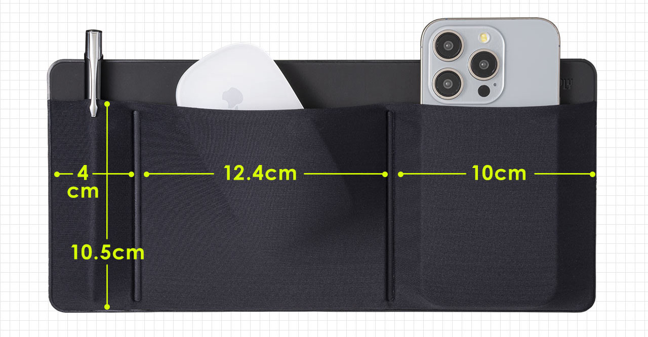 ポケットのサイズは写真のとおりで、厚さは0.3cm。ポケット不使用時にはノートPCの携帯性にほとんど影響しない。※画像はサンワダイレクト商品ページから抜粋。