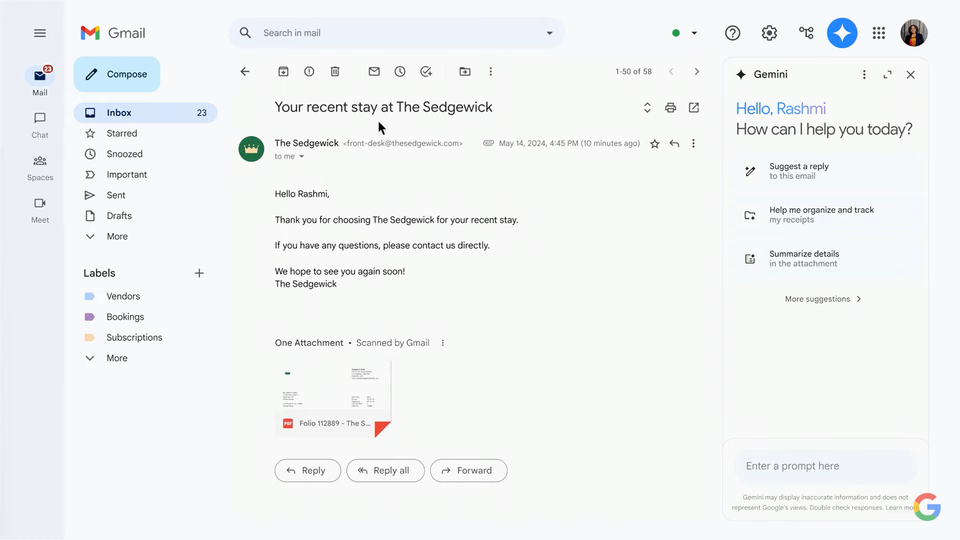 グーグル、Gemini for Google Workspaceで使えるサイドパネルでのAI