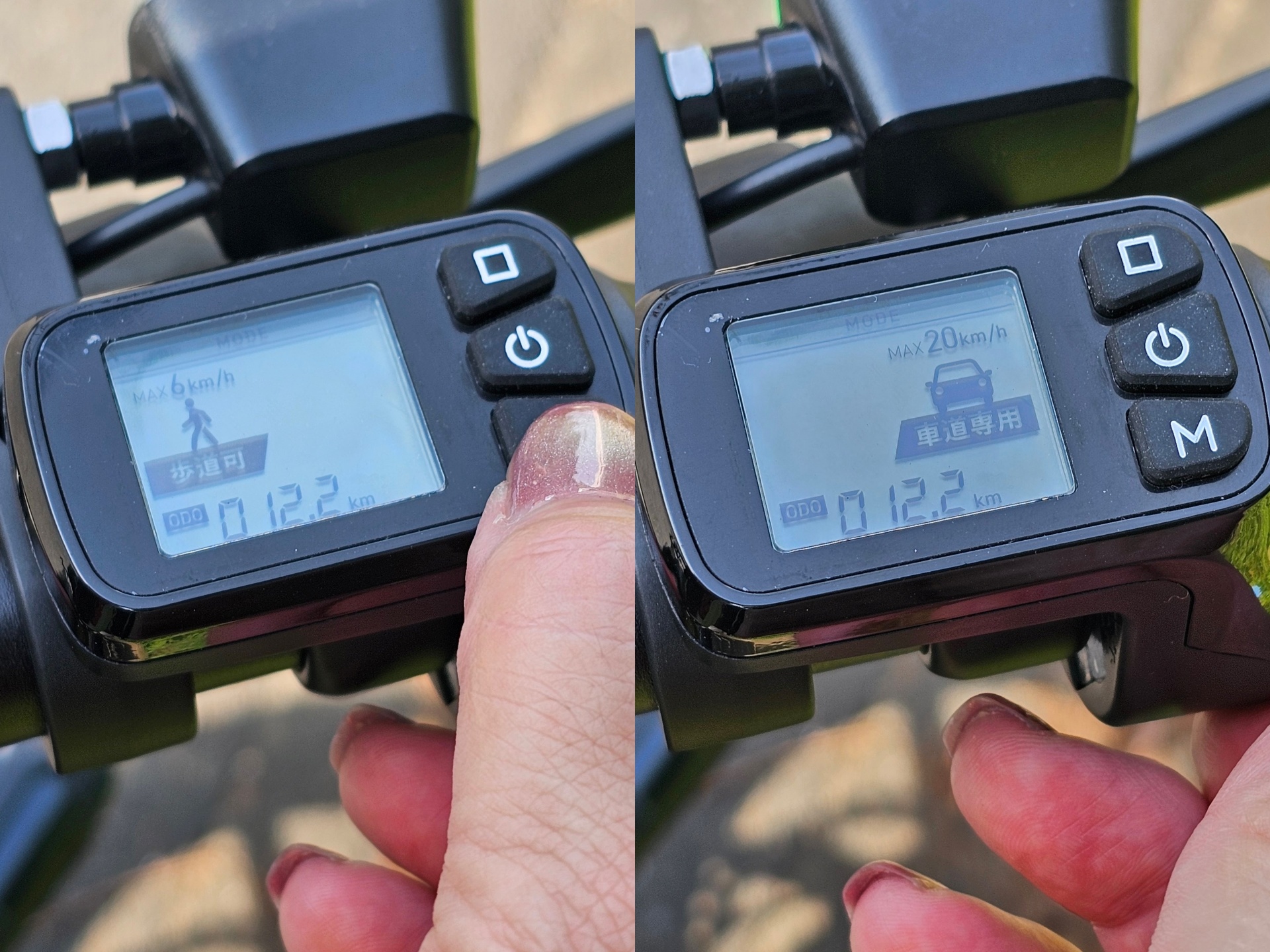 電動バイクモードと特例モードを切り替えられる。特例モードでの走行中は「最高速度表示灯」と呼ばれる緑のランプが点滅する。ディスプレイにスピードメーターの表示がないのが気になった