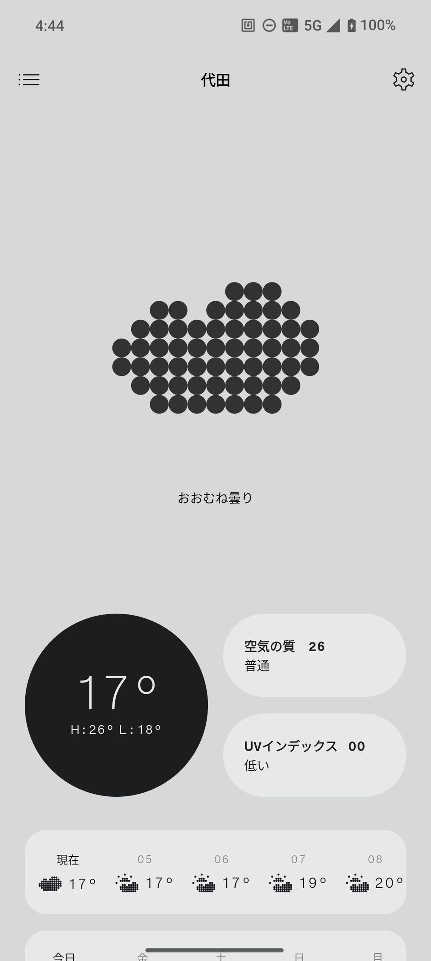 ホーム画面の［天気］ウィジェットをタップしたときに表示される［天気］アプリの画面。天気を表わすアイコンもドットパターンでデザインされる凝りよう