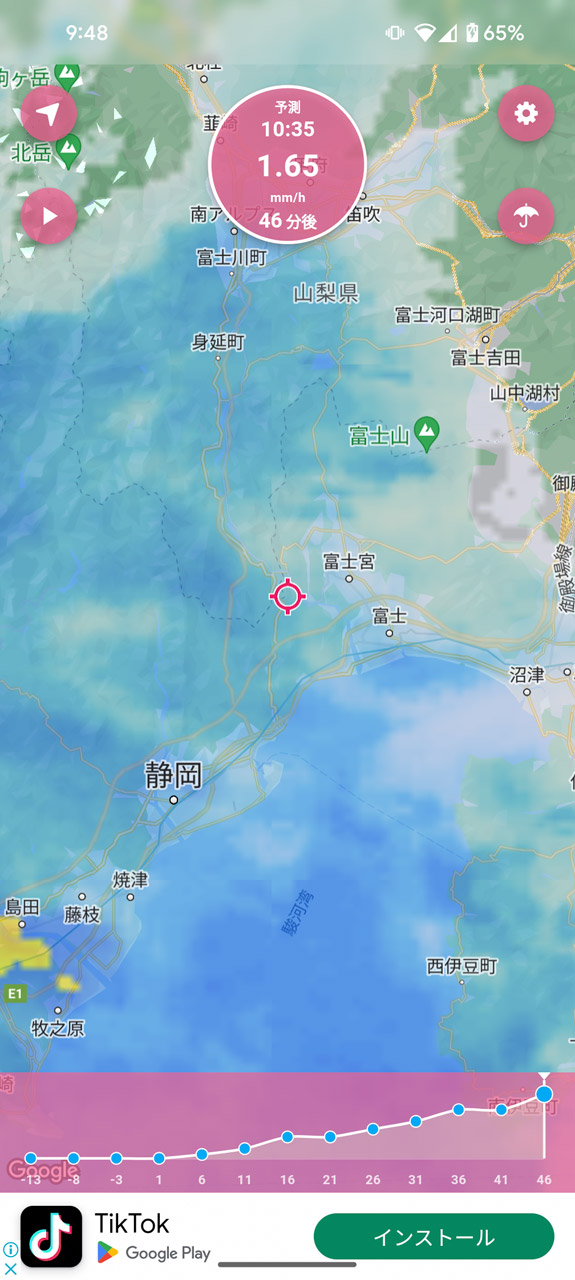 雨雲レーダーとグラフで降り始めのタイミングや予想降雨量がわかる