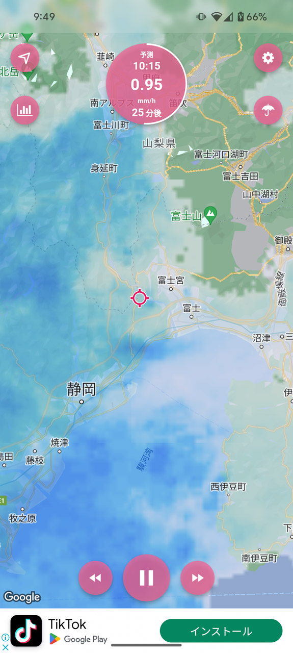 前後1時間の雲の動きをアニメーション再生可能