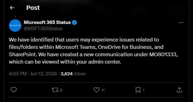 Microsoft 365 StatusのXアカウントより