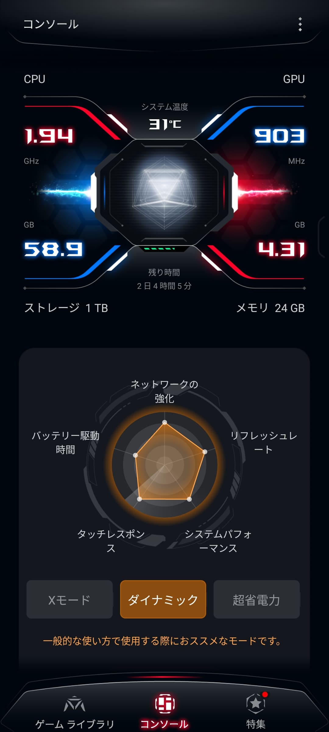 ゲーミング環境を管理できる［Armoury Crate］アプリを起動し、コンソールを選ぶと、「AniMe Vision」や「AeroActive Cooler X」の設定などが可能