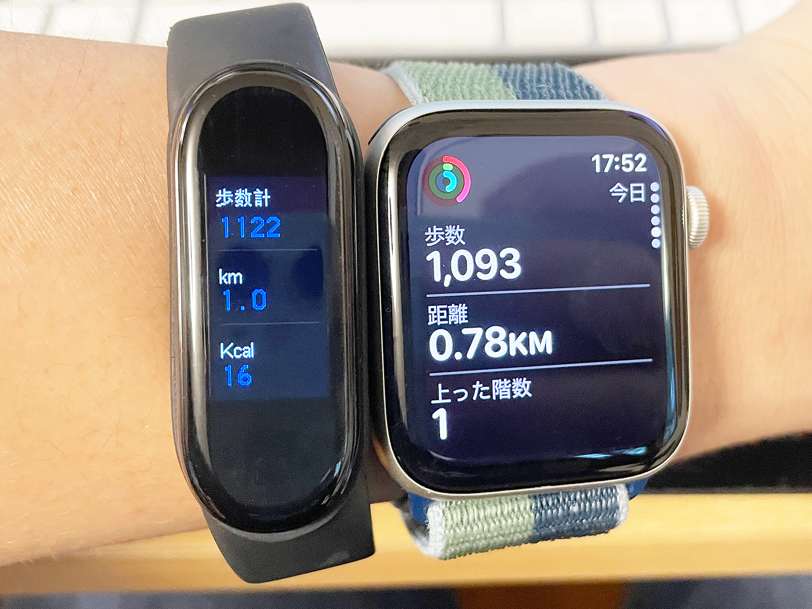 Apple Watchと同時に装着して歩数を測定。誤差はあるものの、だいたい近い値が出ていました。