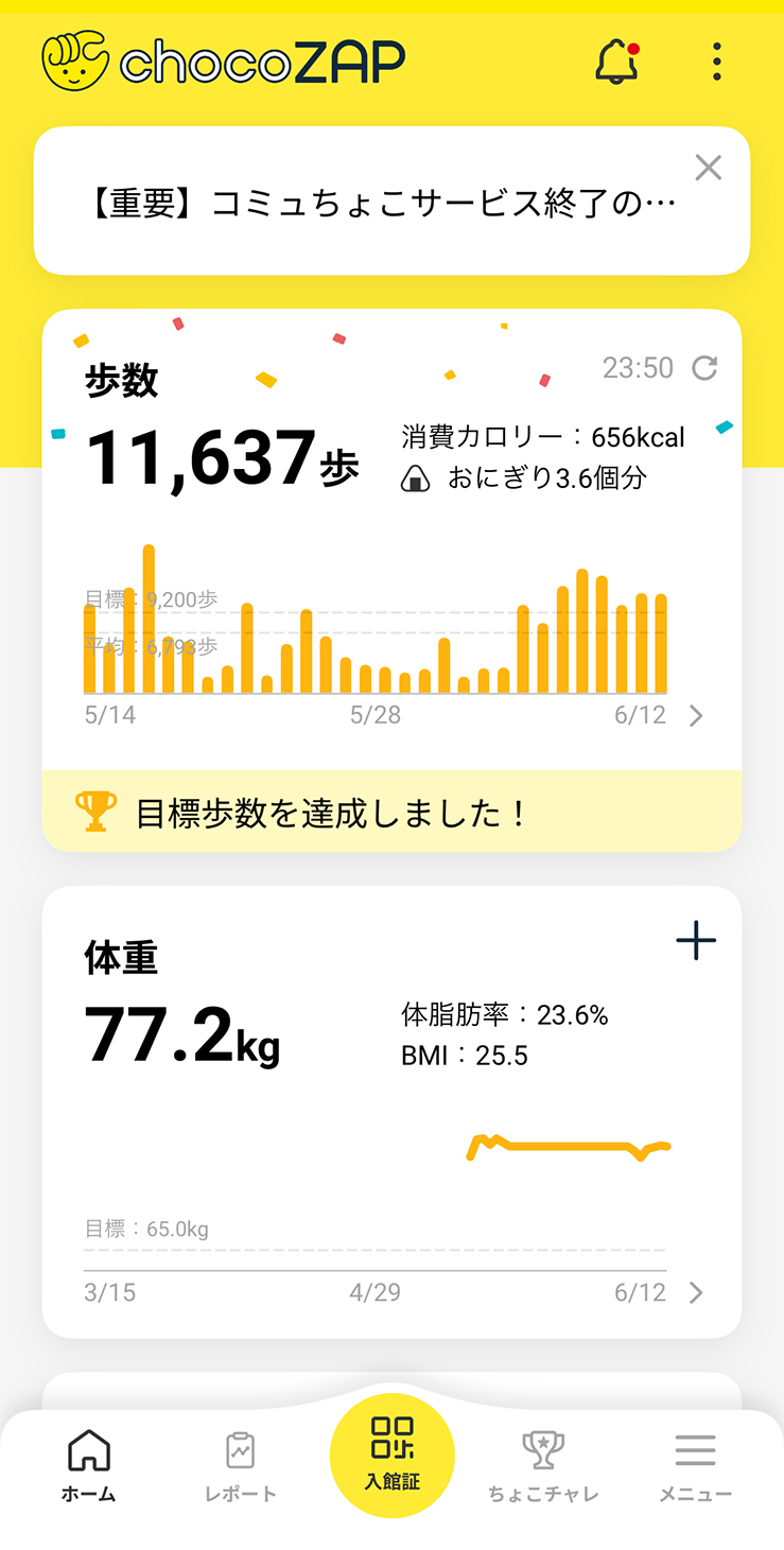 運動量や体重などはグラフになってアプリ上で閲覧でき、継続の力になります。