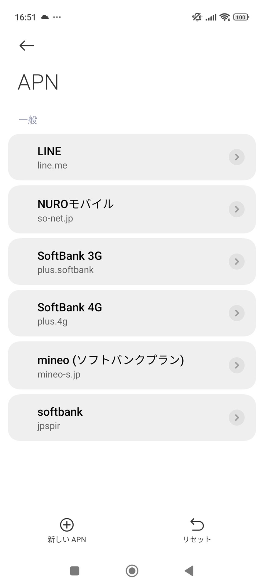 ソフトバンク網対応のSIMカードを挿したときに表示されるAPN一覧。「mineo」や「nuroモバイル」が登録されている。Y!mobileが一覧にないが、Y!mobileのSIMカードを挿すと、APNが表示される