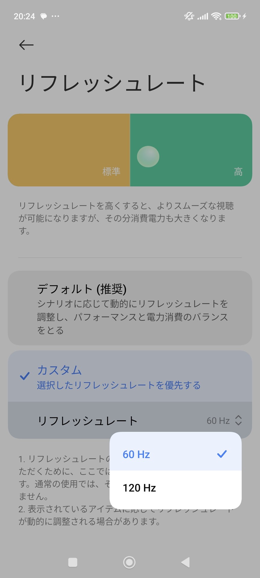 ディスプレイのリフレッシュレートは［デフォルト（推奨）］に設定すると、コンテンツに合わせて、動的に変更される。［カスタム］では［60Hz］と［120Hz］を個別に設定できる