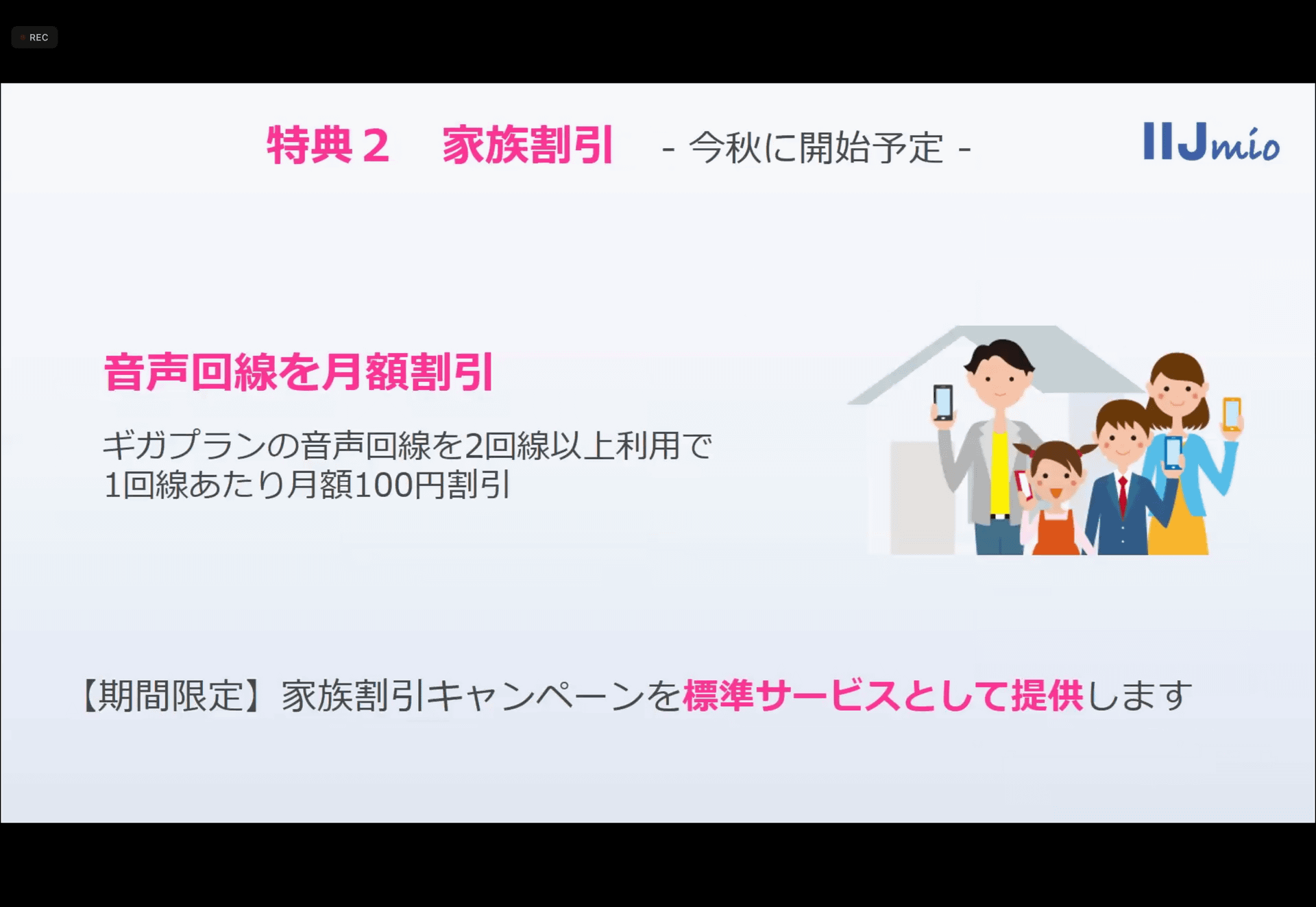 キャンペーンとして導入していた家族割引を、正式なサービスに昇格させる。割引額は1回線ごとに100円