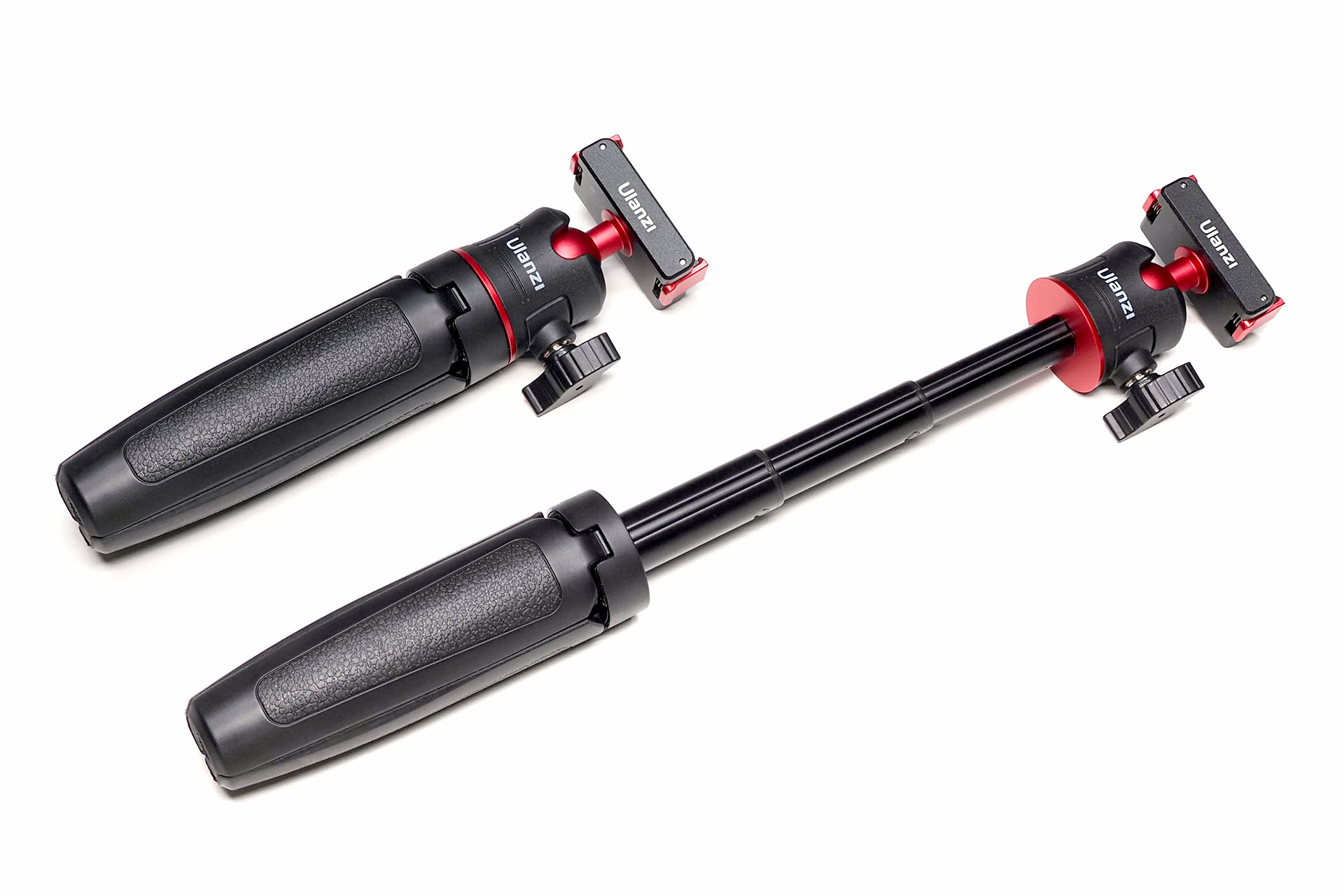 自撮り棒としては15.5〜28cmまで伸縮する。なお、コレ、DJI「クイックリリース設計」専用のミニ三脚となるっていうか、DJI「クイックリリース設計」非搭載カメラは装着しようがない。カメラ側に取り付けられる「クイックリリース設計」が出てきてほしいッ!!!