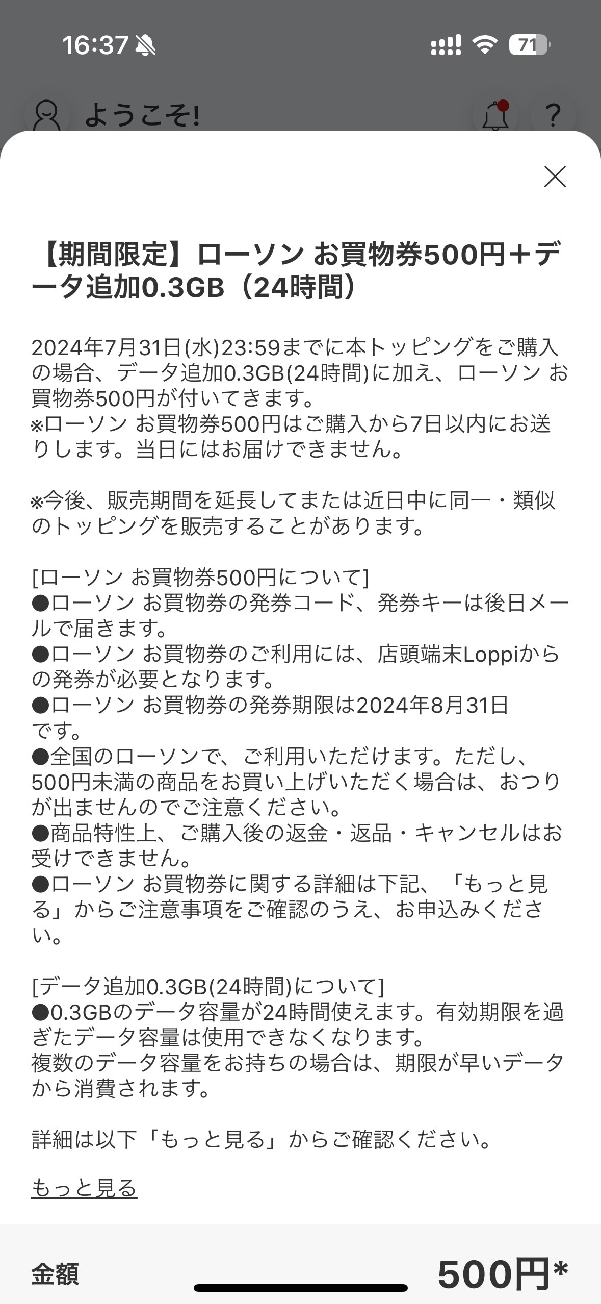 500円払って500円ぶんのお買い物券を購入すると、データ容量が0.3GBもらえる。実質的に、無料でデータ容量が手に入るトッピングと言えそうだ