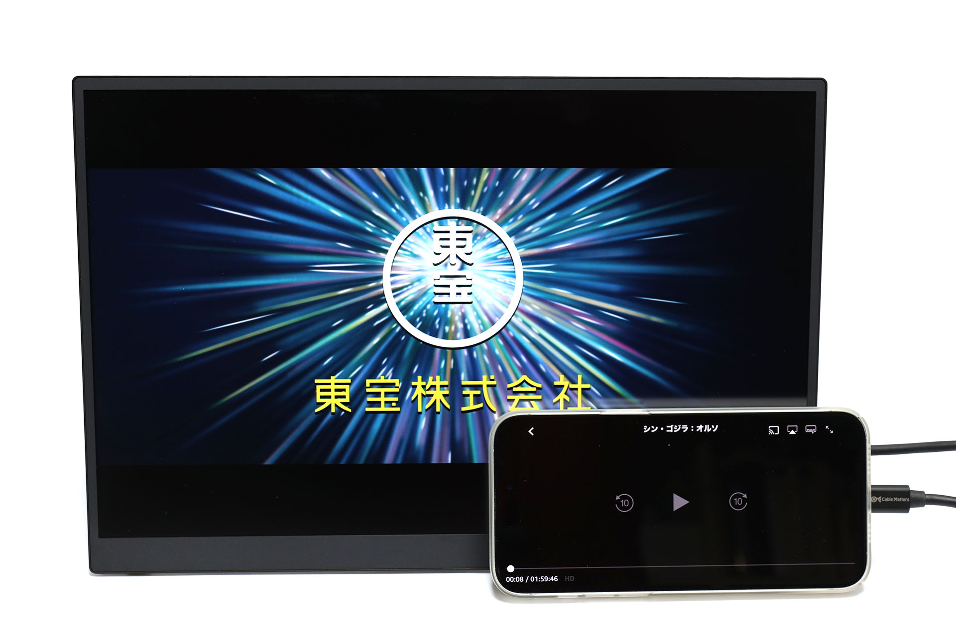 iPhone 15 Pro Maxでも同様にAmazo Prime Videoアプリが動作し、VAIO Vision+ 14に映像が表示された。