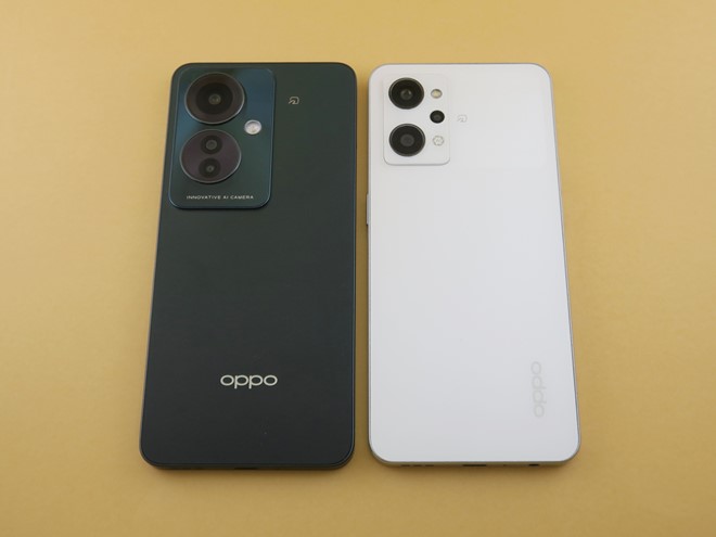 「OPPO Reno11 A」（左）と「OPPO Reno9 A」（右）の背面。カメラ部が大きくなった。背面のロゴは横向きのデザインから縦向きのデザインにレイアウトが変更された