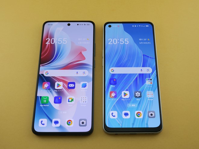 「OPPO Reno11 A」（左）と「OPPO Reno9 A」（右）の前面。ディスプレイが6.7インチに大型化。ディスプレイ下部の額縁がかなり狭くなった