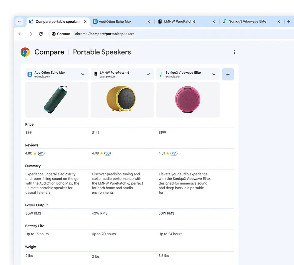 「Tab compare」でAIが商品比較を自動生成